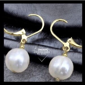 South Sea Shell Pearl White 9.5 mm 14K Gold Plated Dangle Earrings